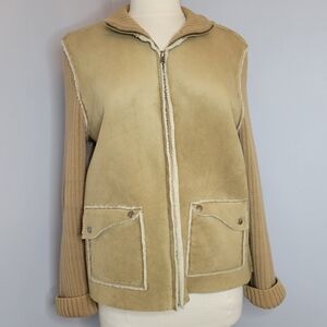 Women's Vintage Ralph Lauren Camel Sheepskin Jacket Rib Knit Zip Sweater Large